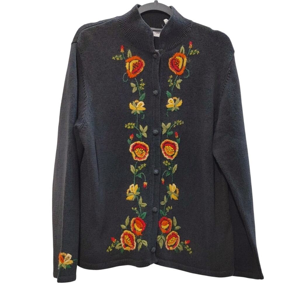 Victoria Jones Floral Cardigan Sweater Knit Floral Black Womens Petite XL